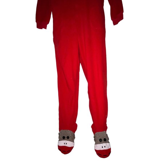 Nick & Nora Red Sock Monkey Pajamas Womens M Footie Unionsuit PJs Costume Solid - Picture 3 of 8